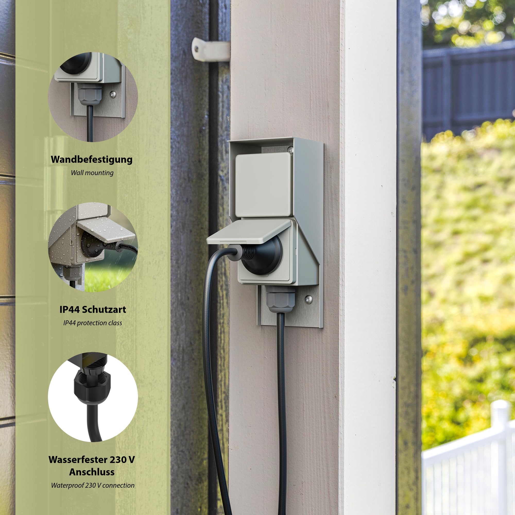 ledscom.de 3 tomas de corriente para exteriores y ambientes húmedos PIWI, montaje en superficie, IP44, doble toma Schuko, 16 A/230 V, acero inoxidable, plástico, vertical