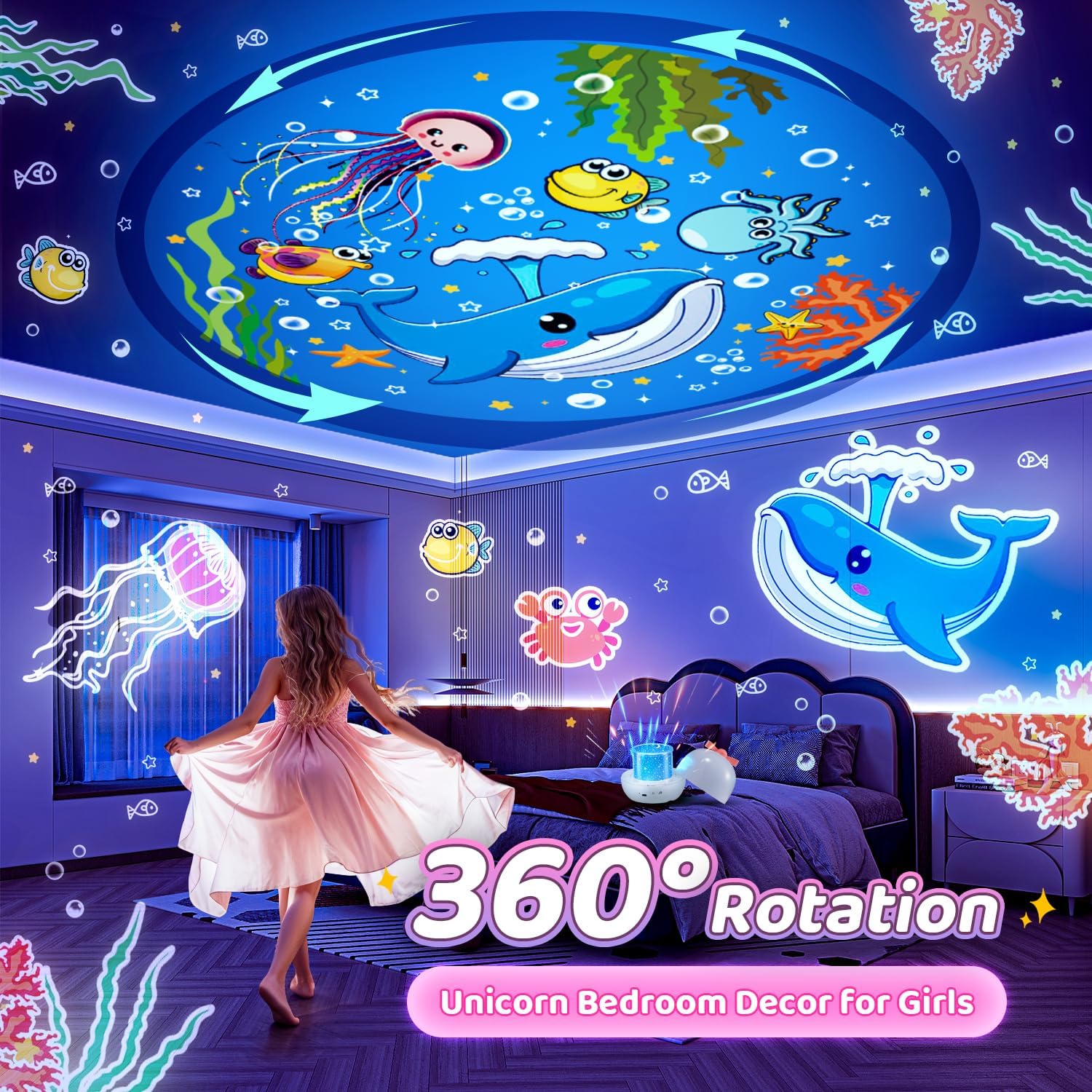PIKOY Star Projector for Kids Gifts, 15 Films+15 Soothing Sounds Machine Baby Night Light Projector, Remote 360° Rotation Fruit Ocean Star Lights for Ceiling Decor, Kawaii Birthday Gifts Girls Toys