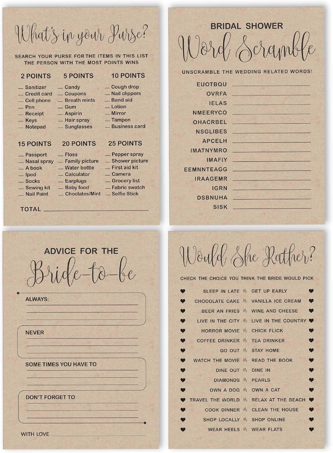 Bachelorette Party Games Set Bundle of 4(50 Sheets Each) Kraft Rustic Fun Bridal Shower Games Set