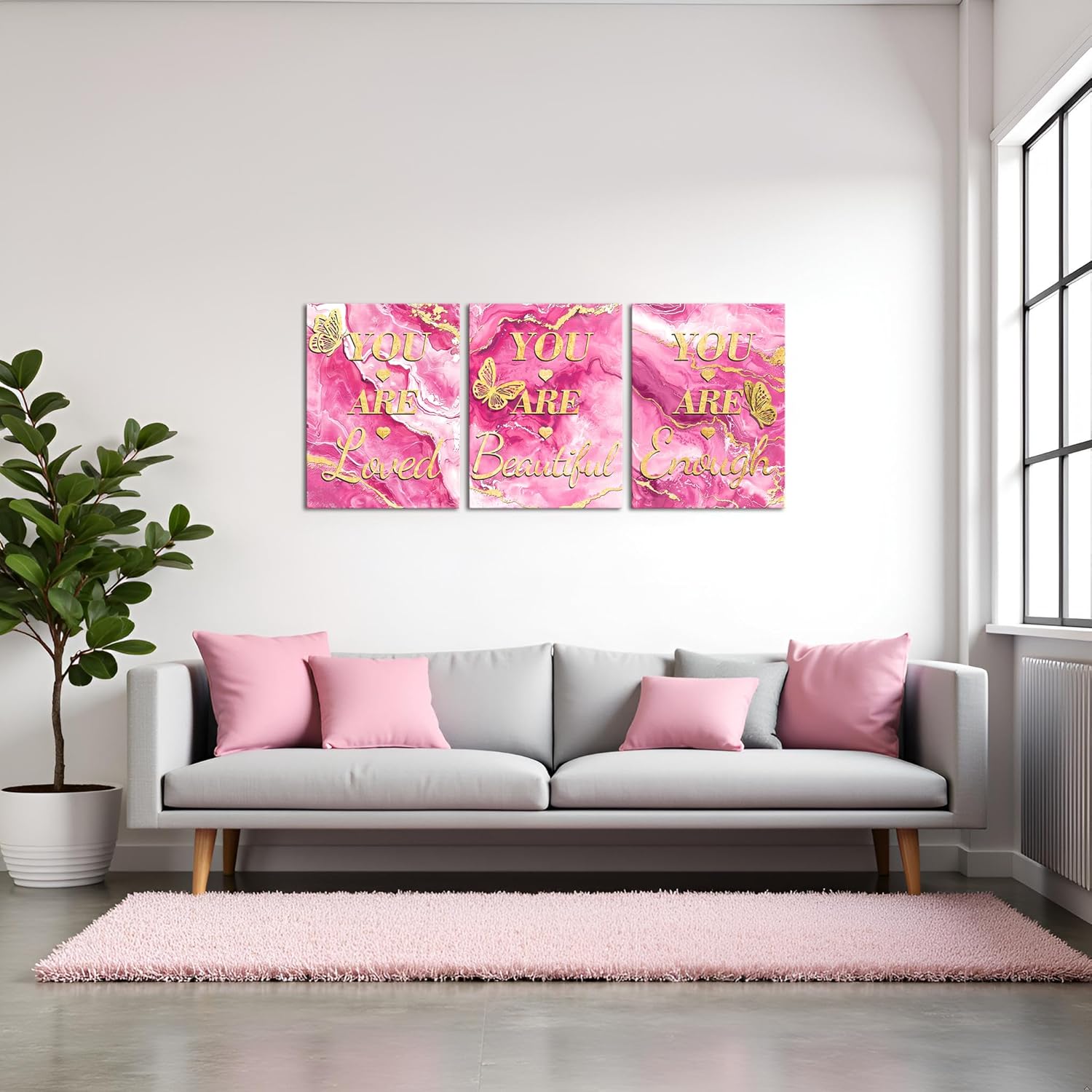 LevvArts Inspiration Wall Decor You Are Loved/Beautiful/Enough Sign Painting for Girl Women Bedroom Pink and Gold Marble Pictures (Pink)