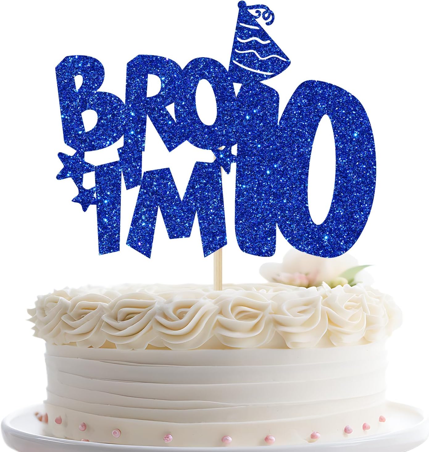 Bro I'm 10 Cake Topper, 10th Birthday Cake Topper, Out Single Digits I'm 10 Cake Topper, 10th Birthday Party Decoration Supplies Cheers to 10 Years Blue Glitter