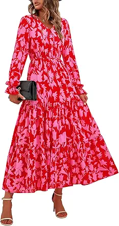 BTFBM Women Fall Dresses 2025 Casual Long Sleeve V Neck Maxi Dresses Floral Boho Long Dress Wedding Guest Dress