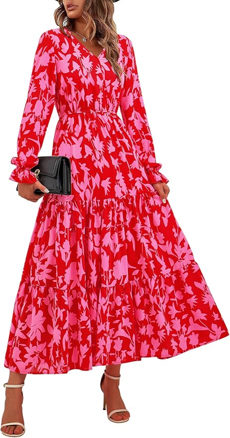 BTFBM Women Fall Dresses 2025 Casual Long Sleeve V Neck Maxi Dresses Floral Boho Long Dress Wedding Guest Dress