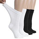 Hugh Ugoli Women\'s Cotton Diabetic Crew Socks, Wide, Thin, Loose and Stretchy, Seamless Toe & Non-Binding Top, 4 Pairs, White/Black, Shoe Size: 6-9