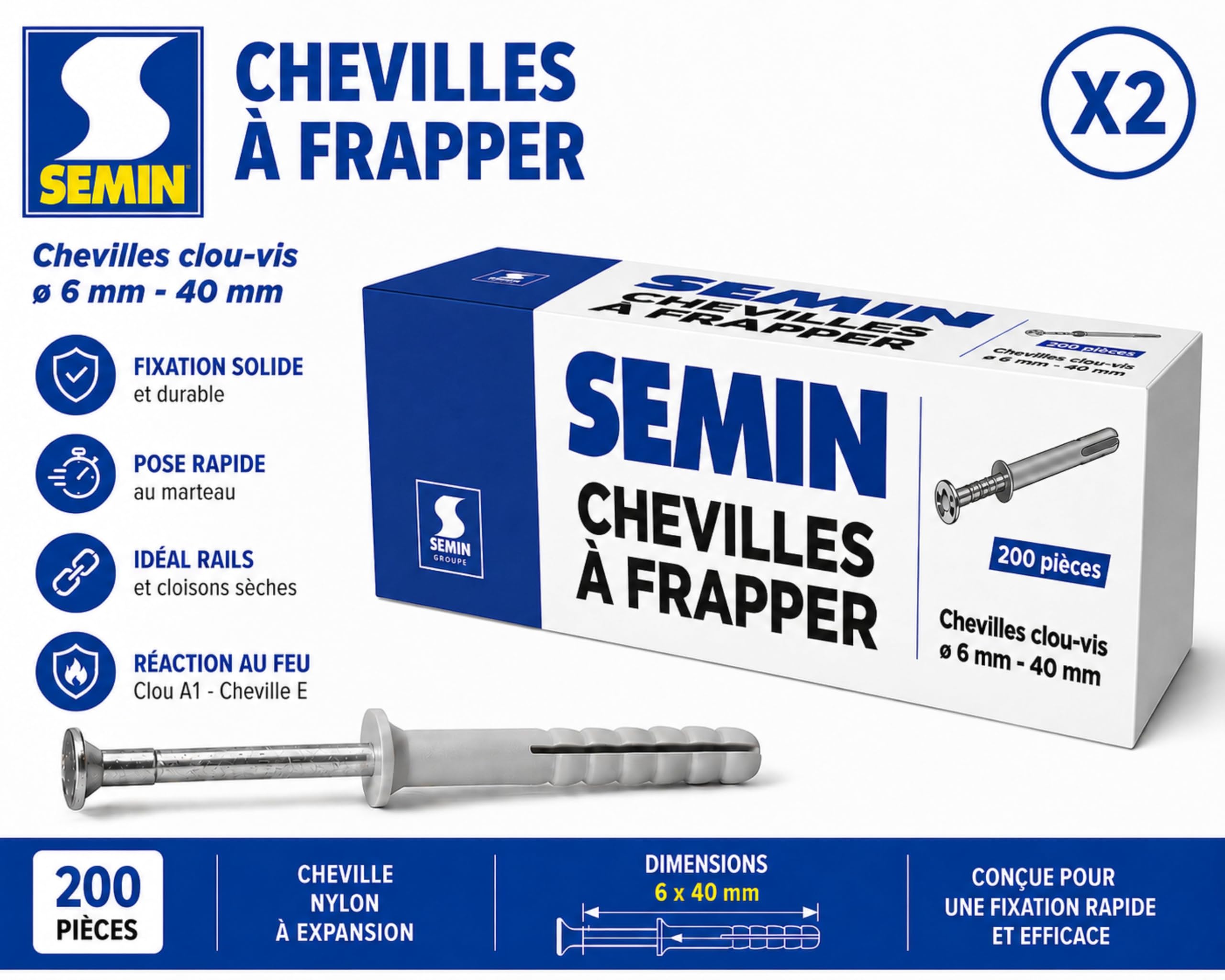 SEMIN Chevilles à Frapper 6x40 mm – Lot 400 (2x200) – Cheville Nylon Expansion avec Clou A1 – Fixation Rails Placo & Cloisons – Pose Rapide