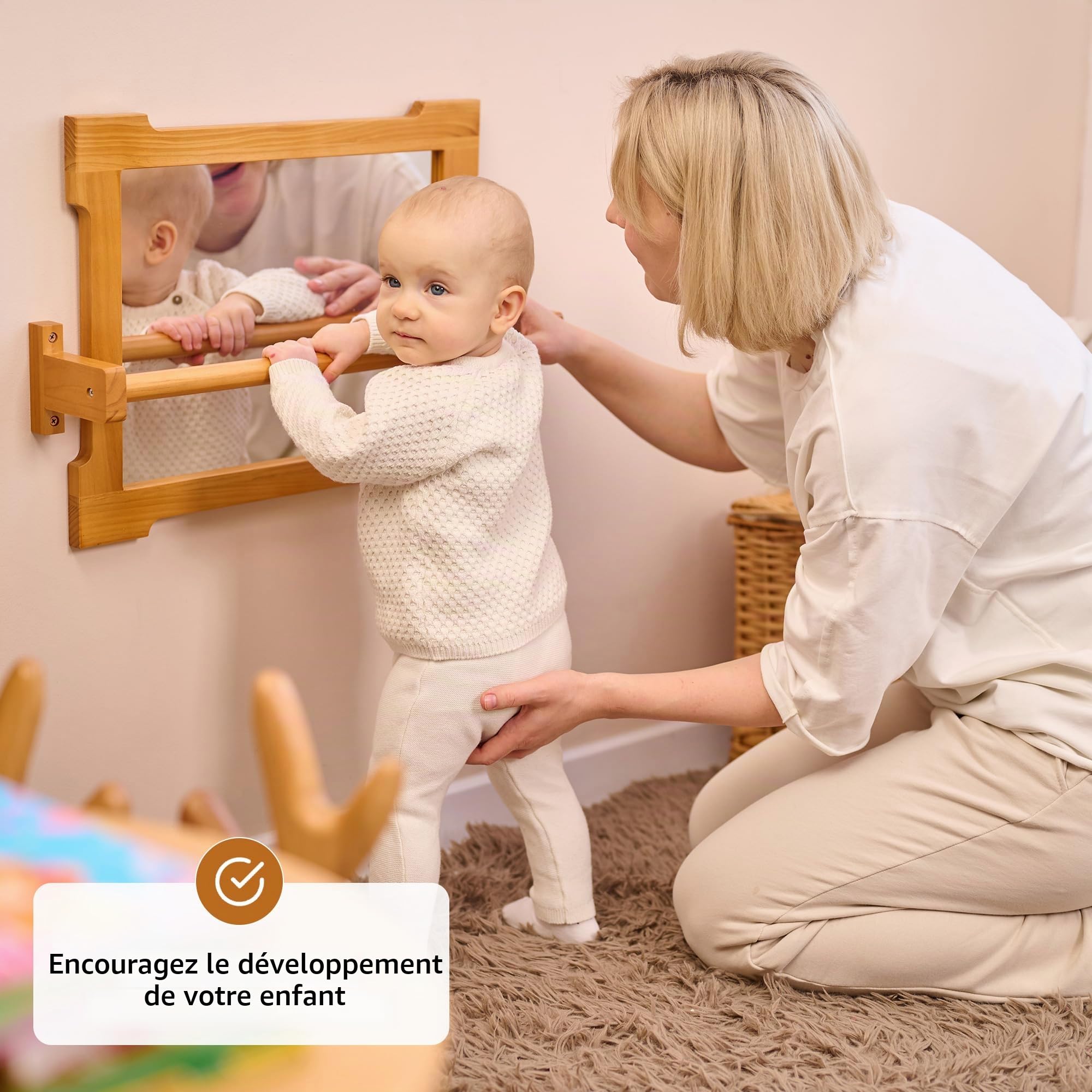 ODOXIA Miroir Montessori Bébé avec Barre | Équipé de Traction | Activité Murale pour Marcher & Se Lever