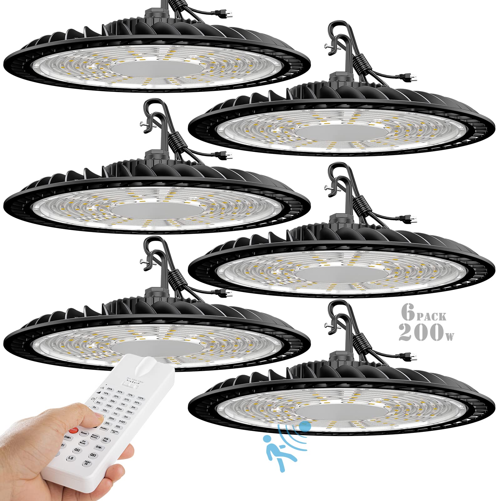 Smart (Energy Saving Self -Setting) 200W LED High Bay Light with Multifunction, Dimmable/Sensing Distance/Hold Time Adjustable High Bay LED Light, AC100-277V UFO High Bay Lights - 6Pack