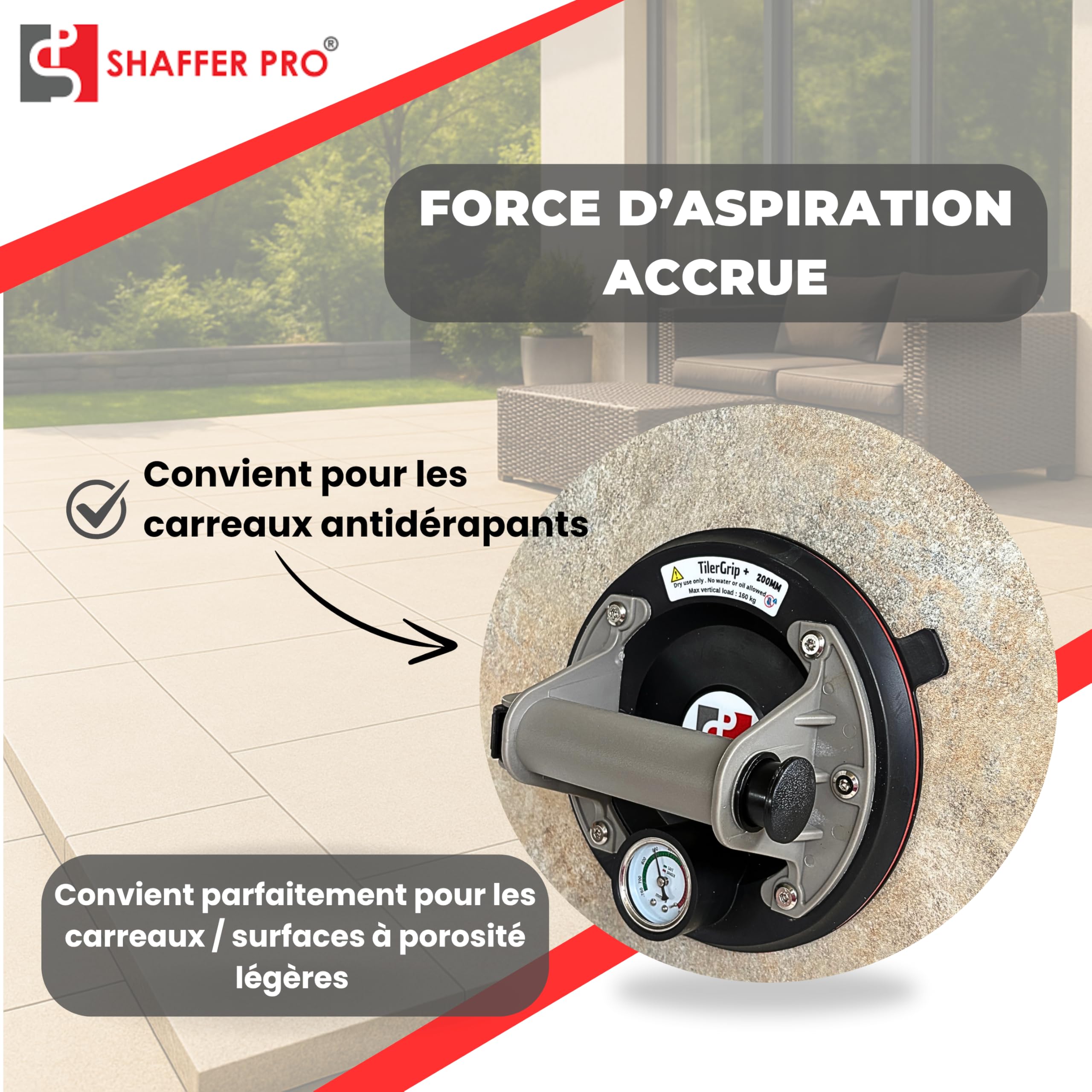 TilerGrip+ - 2 Ventouses Carrelage 200mm avec Manomètre – 320kg Ventouses Professionnelles pour Carreaux, Vitres, Grès Cérame – Forte Aspiration, Valise Incluse
