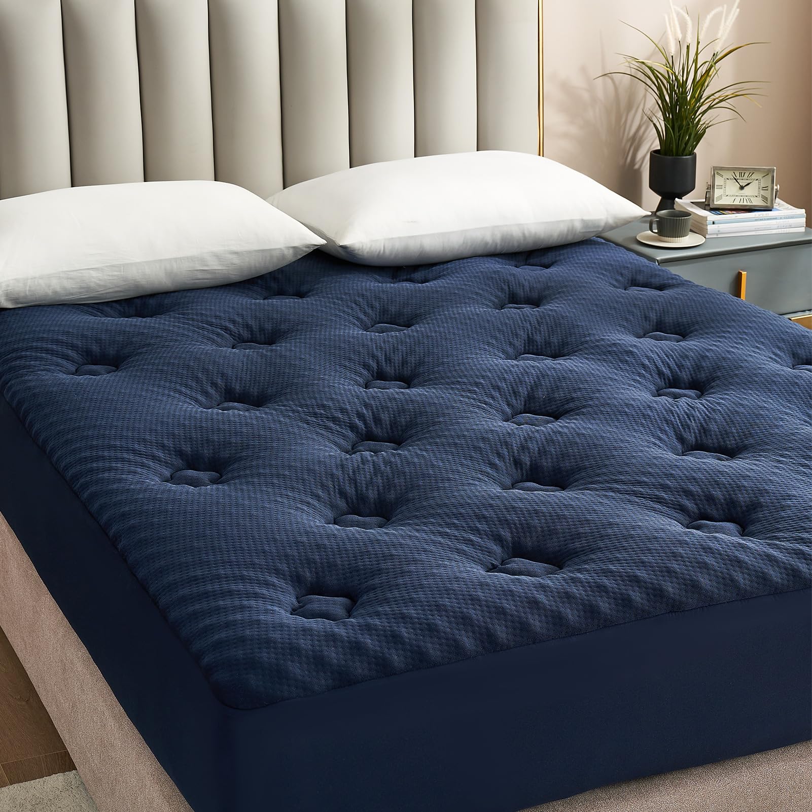 Hansleep Memory Foam Mattress Pad Full Size, Pillow Top Mattress Topper Viscose Derived from Bamboo with Deep Pocket, Breathable Mattress Topper for Back Pain Relief, 54" x75", Navy Blue