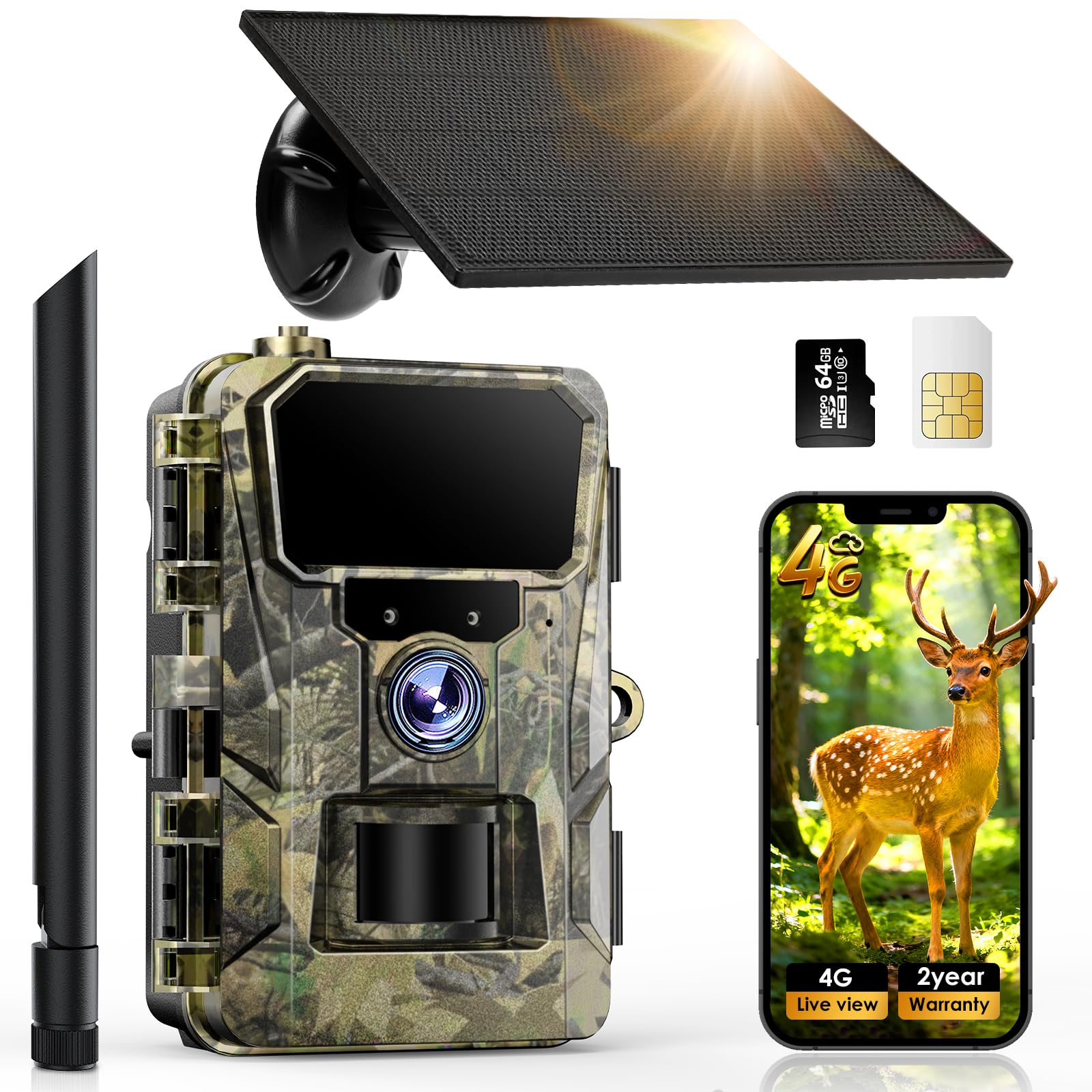 iZEEKER 2 en 1 Solar Cámara de Caza 4G LTE con SIM y Micro SD Karte 64GB, HD 48MP Fototrampeo Nocturna con App, Batería Recargable de 5200mAh, Detección Movimiento, IP66 Impermeable, Sin Wi-Fi
