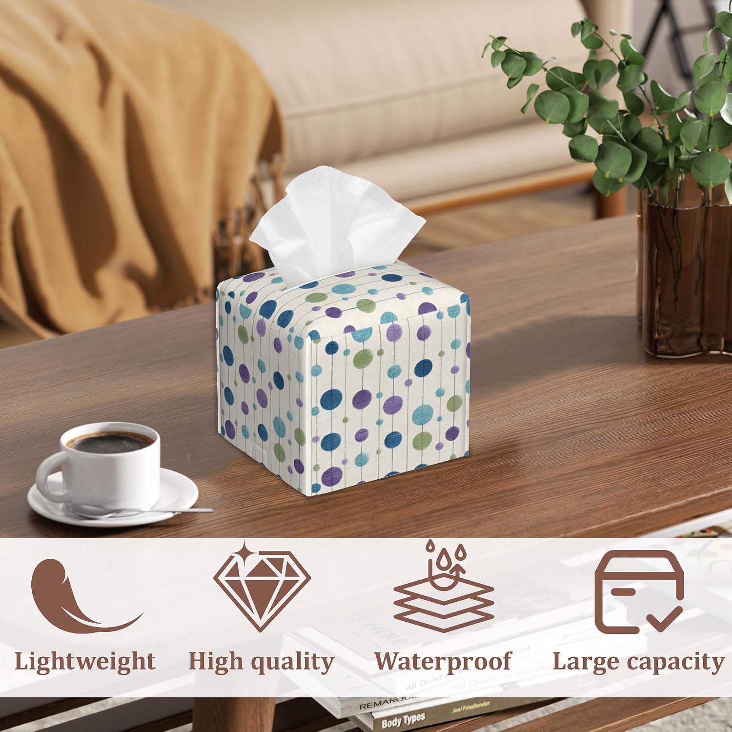 Green Purple Polka Dots Tissue Box Cover Square Leather Tissue Case Holder Facial Paper Organizer Decorative for Tabletop Night Stands Desk Bathroom Kitchen Home Decor, 2Pack image 5