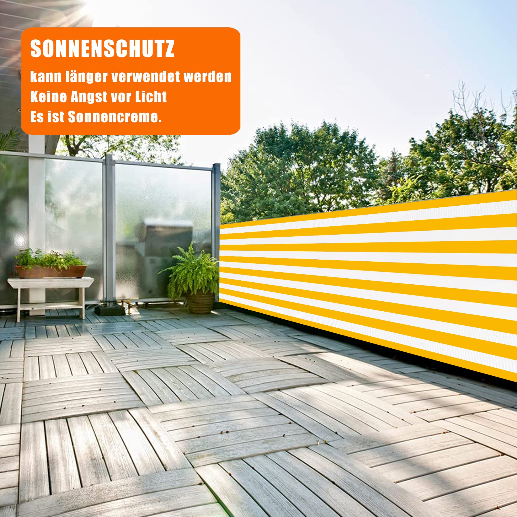 Balkon Sichtschutz Balkonverkleidung Balkonabdeckung Balkonumspannungen Windschutz 80x300cm Gelbe und weiße Streifen UV-Schutz und Windschutz Leicht Transparent mit Kabelbinder Aluminiumösen