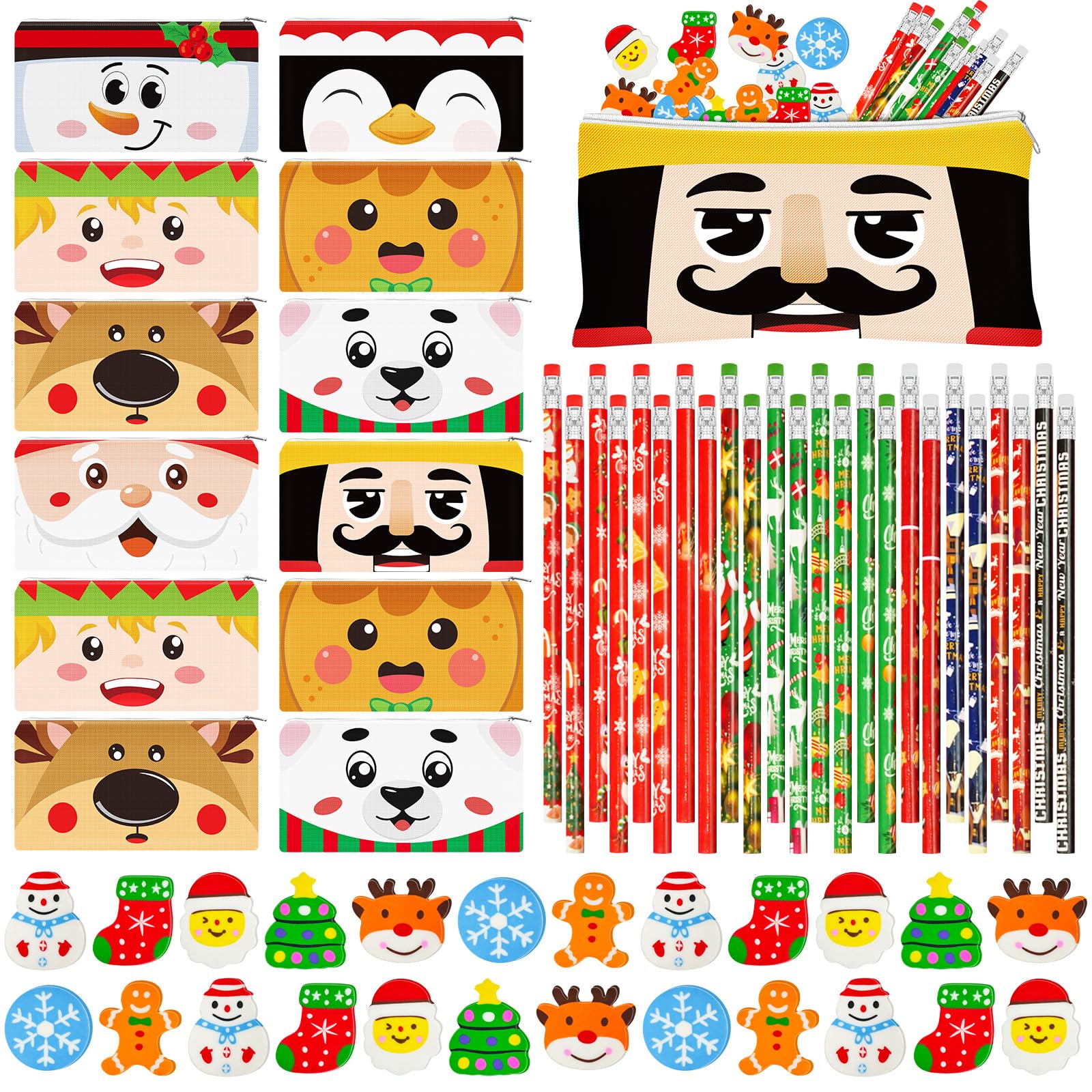 Cinrobiye 48 Pcs Christmas School Gift Sets Xmas Holiday Pencil Case Pouch Pencils Erasers Class Teacher Reward Prizes Goody Bag Filler for School Party Favor Supplies (Christmas)