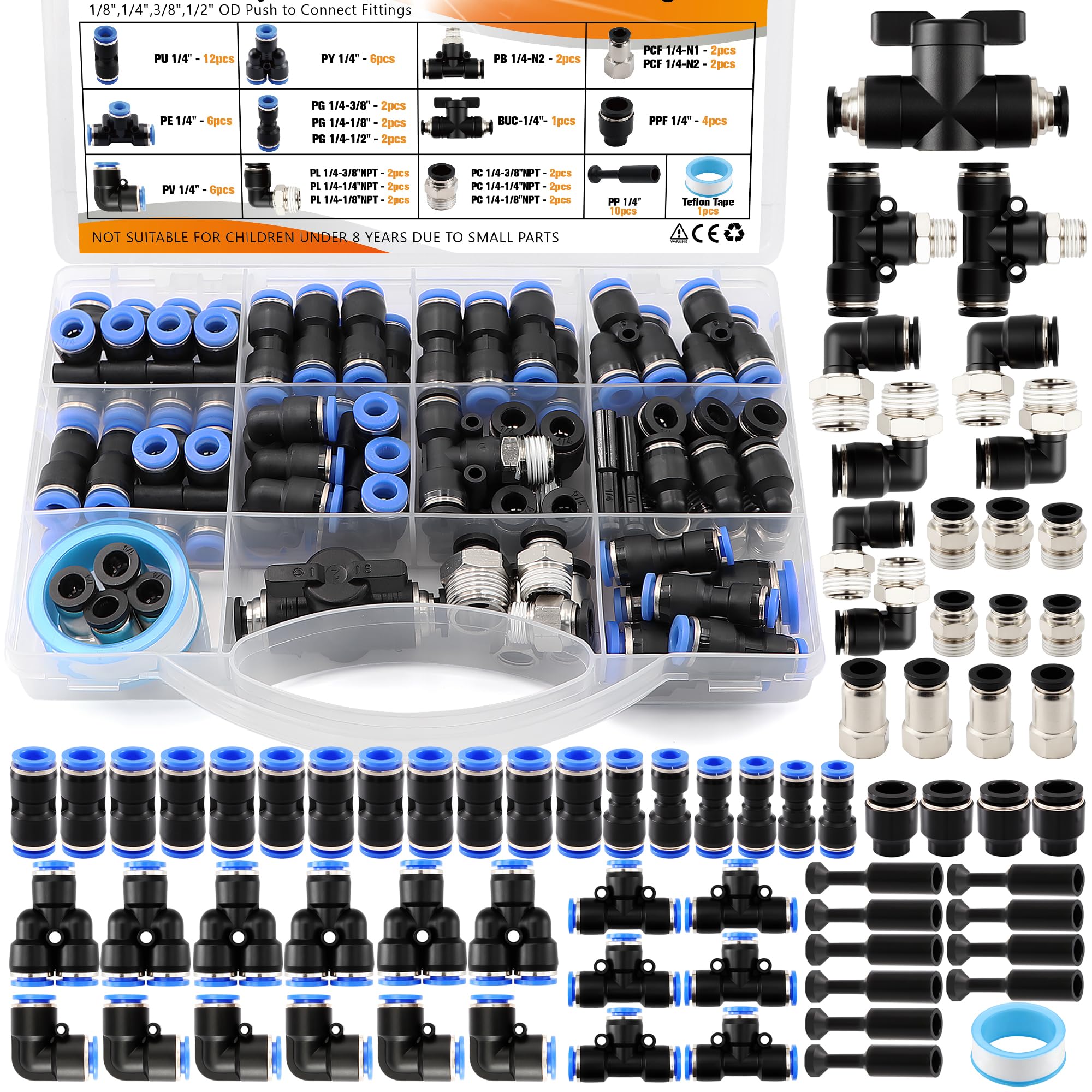 70Pcs 1/4" OD Push to Connect Fittings Kit,Quick Connect Pneumatic Fittings