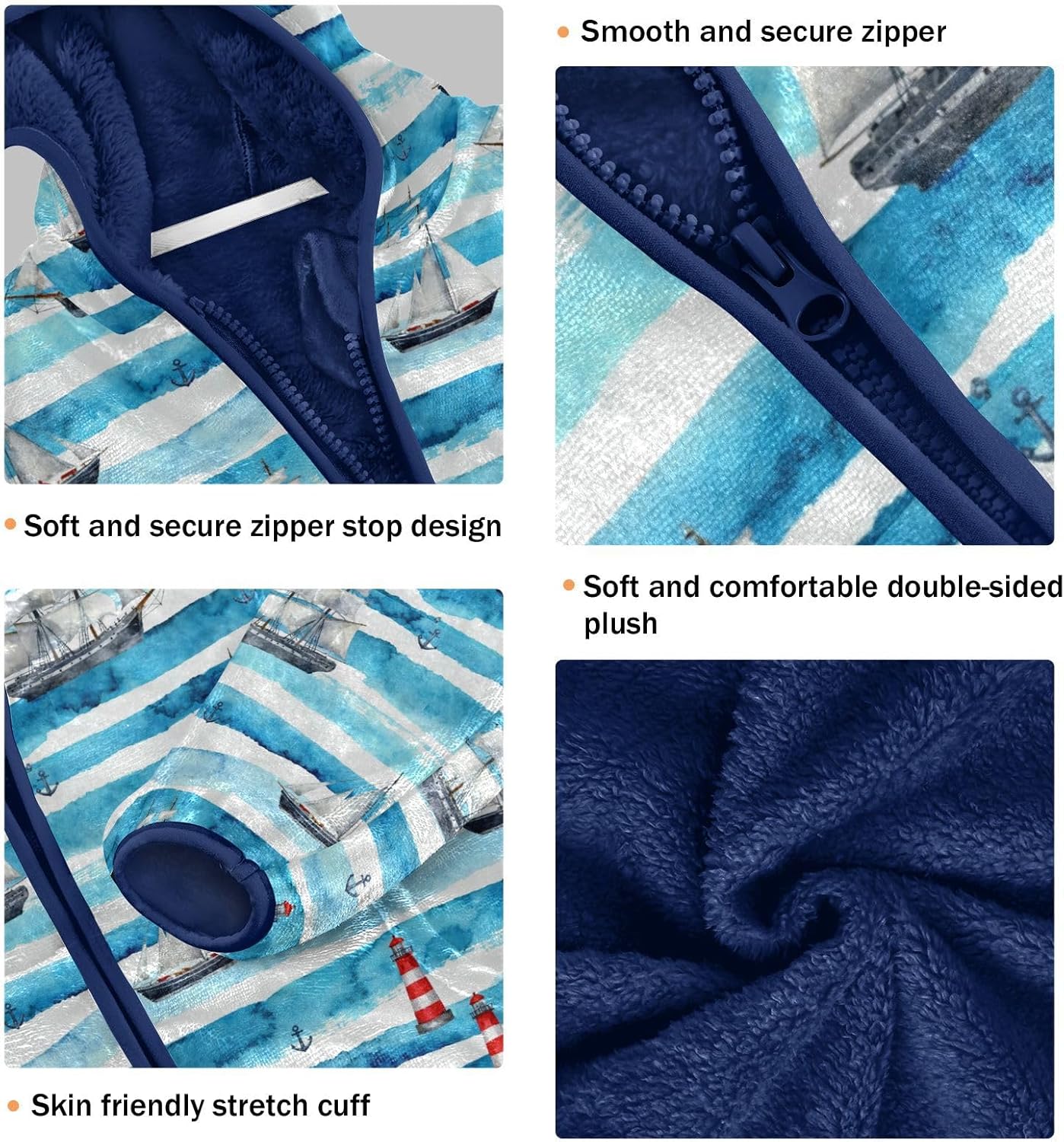 Ocean Ship and Lighthouse Pattern Kid Fleece Jacket Children Plush Lined Navy Blue Baby Zipper Hoodie