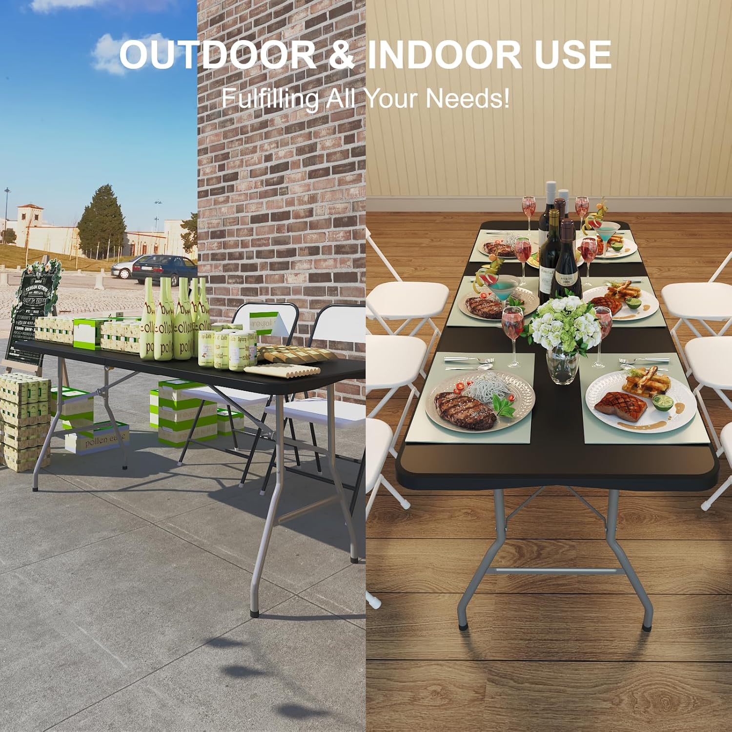 6FT Folding Table, 2 Pack Portable Plastic Folding Table, Foldable Dining Tables with Carrying Handle for Party, Picnic, Camping, Easy to Fold and Storage, for Indoor or Outdoor Use, Black