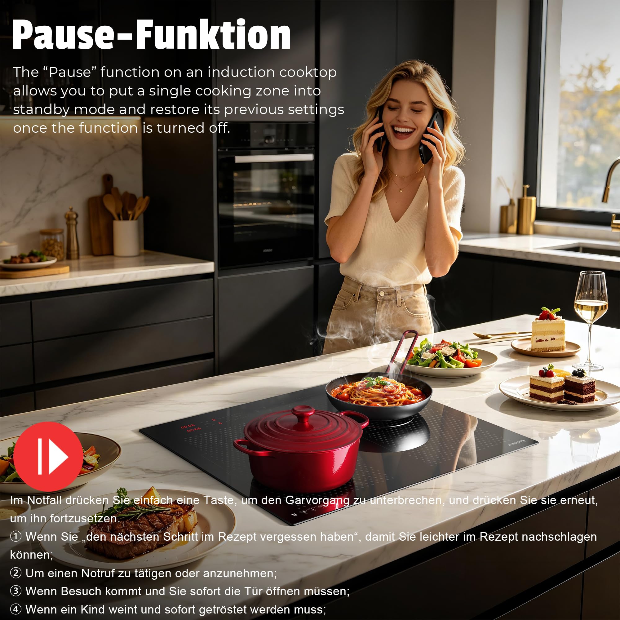 Karinear Induktionskochfeld 60 cm, 7200W Autark 4 Platten Flex Zone Boost | Einbau ohne Stecker, Touch Slider, Timer, Pause, Sicherheitsverriegelung und 9 Leistungsstufen für flexible Küche