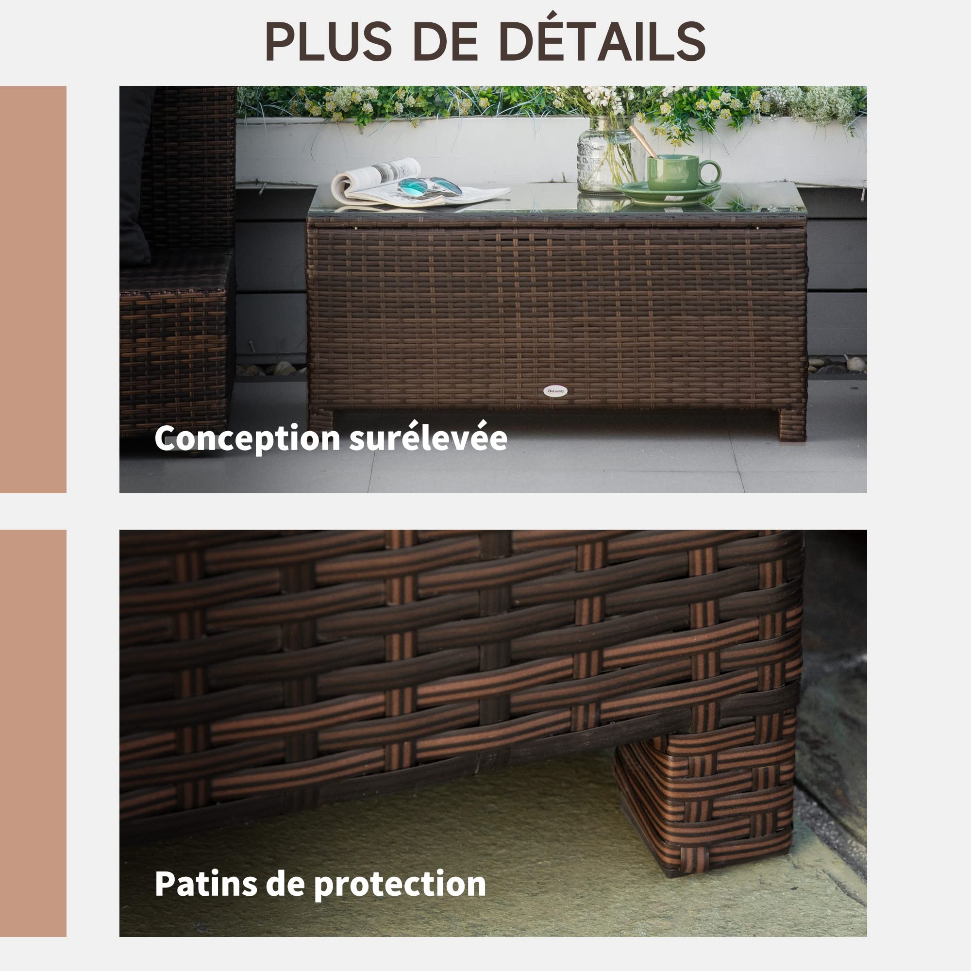 Table Basse de Jardin Outsunny Verre trempé 5 mm rotin tressé 85 x 50 x 39cm 50 kg Marron
