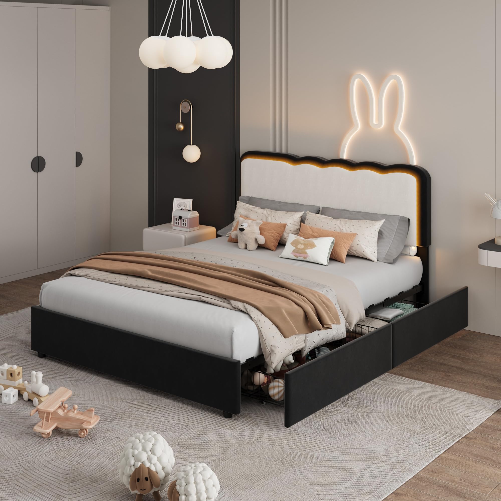 Garvee Irregular Wave LED 2-Drawer Soft Upholstered Bed, Soft Padding