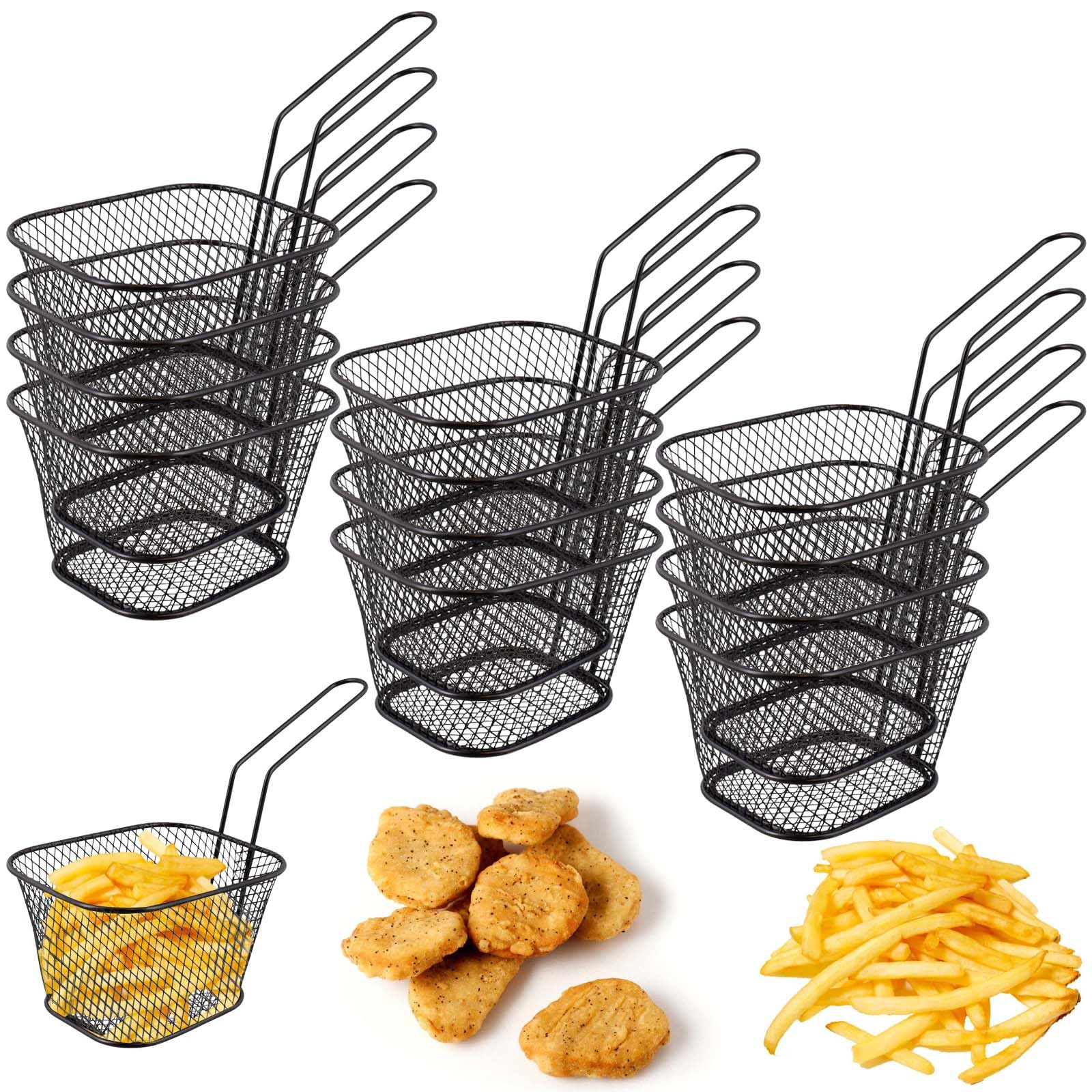 12 cestini per patatine fritte, in acciaio inox, piccoli, mini cestini da portata con manico, per patatine, patatine fritte, per patatine fritte, per patatine fritte (nero)