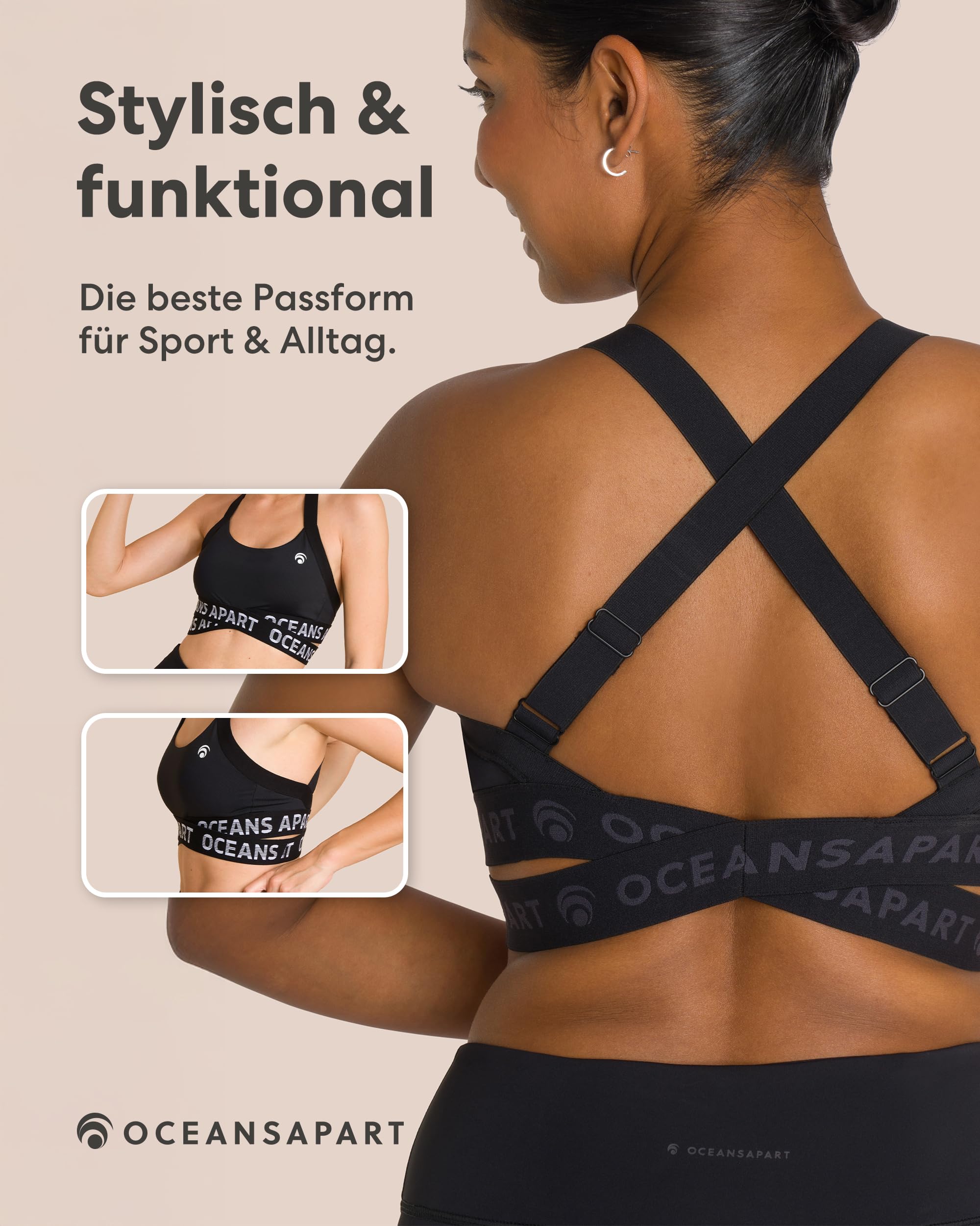 OCEANSAPART Beauty Bra Sport BH Damen ohne Bügel - Sportoberteil für Yoga & Alltag mit mittlerem Halt, herausnehmbaren Cups, Racerback und schnelltrocknendem Stretchmaterial