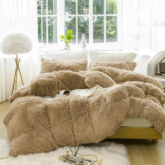 Plush Shaggy Longfur Duvet Cover Set Luxury Ultra Soft (Khaki Beige, Queen)