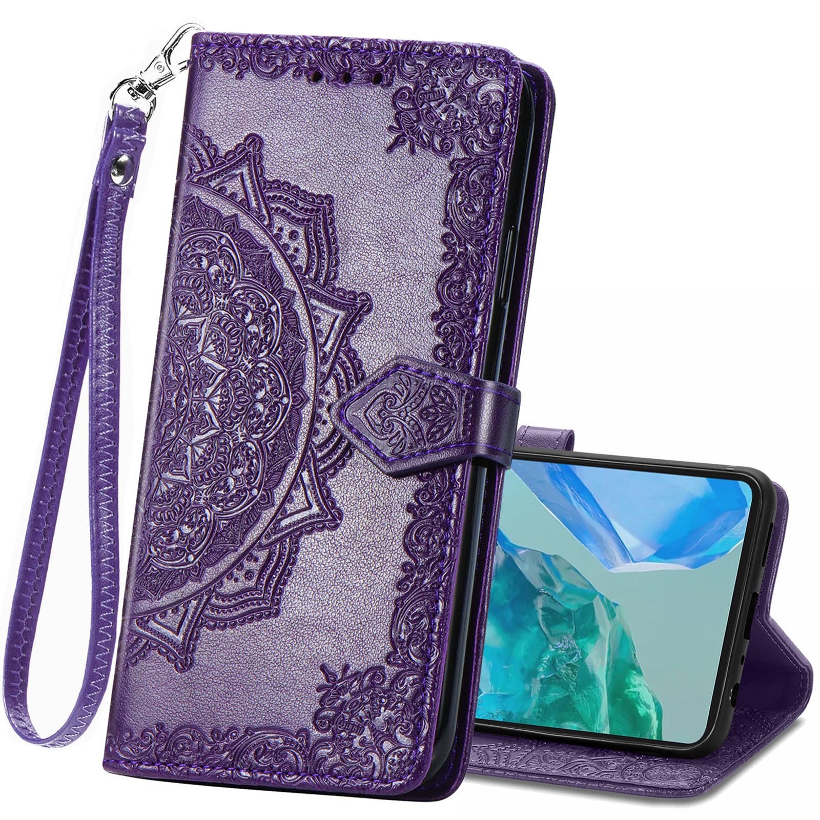 for Samsung Galaxy S26 Case Wallet,Women Flip Folio PU Leather Cover Emboss Mandala Flower,Card Slots,Kickstand Protective Phone Case Wrist Strap Man for Samsung Galaxy S26 Purple