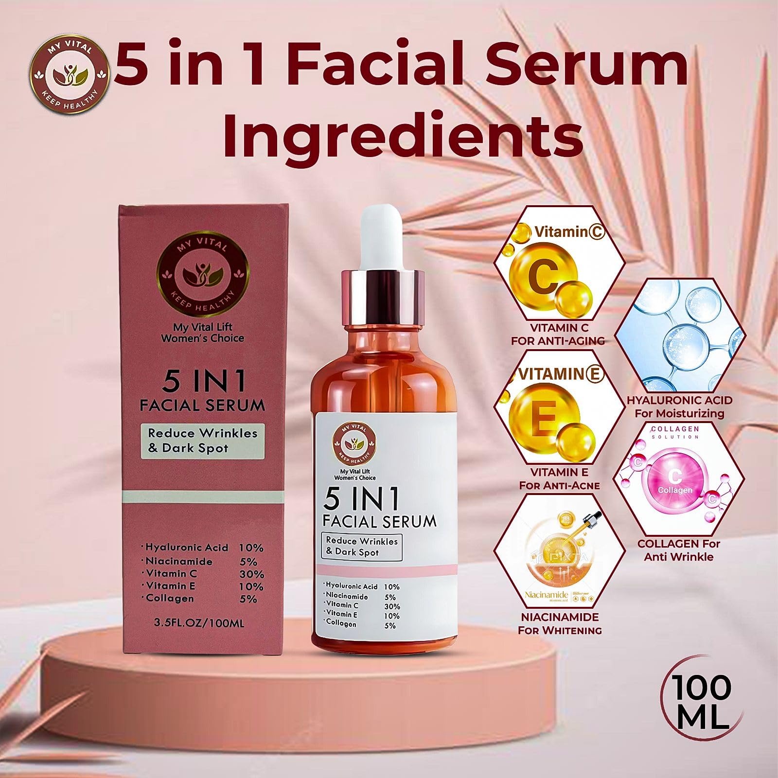 Face Serum 5-in-1 Anti-Aging Solution, Vitamin C, Hyaluronic Acid, and Vitamin E for Dark Spots Even Skin Tone, Fine Lines - Image 3