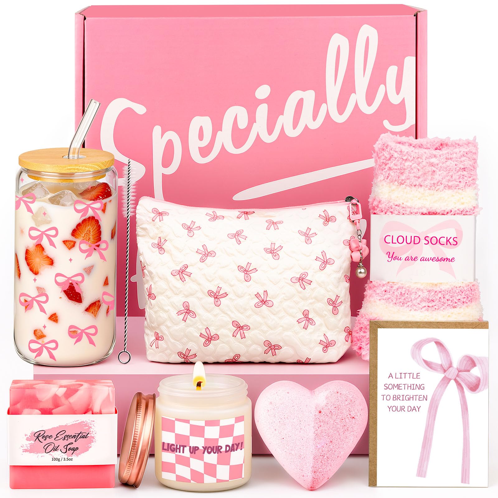 Birthday Gifts for Women, Rose Self Care Gifts Set for Her, Pink Spa Gift Basket with Glass Tumbler, Cosmetic Bag, Scented Candle, Thank You Gifts for Mum, Best Friend, Christmas, Valentines Day