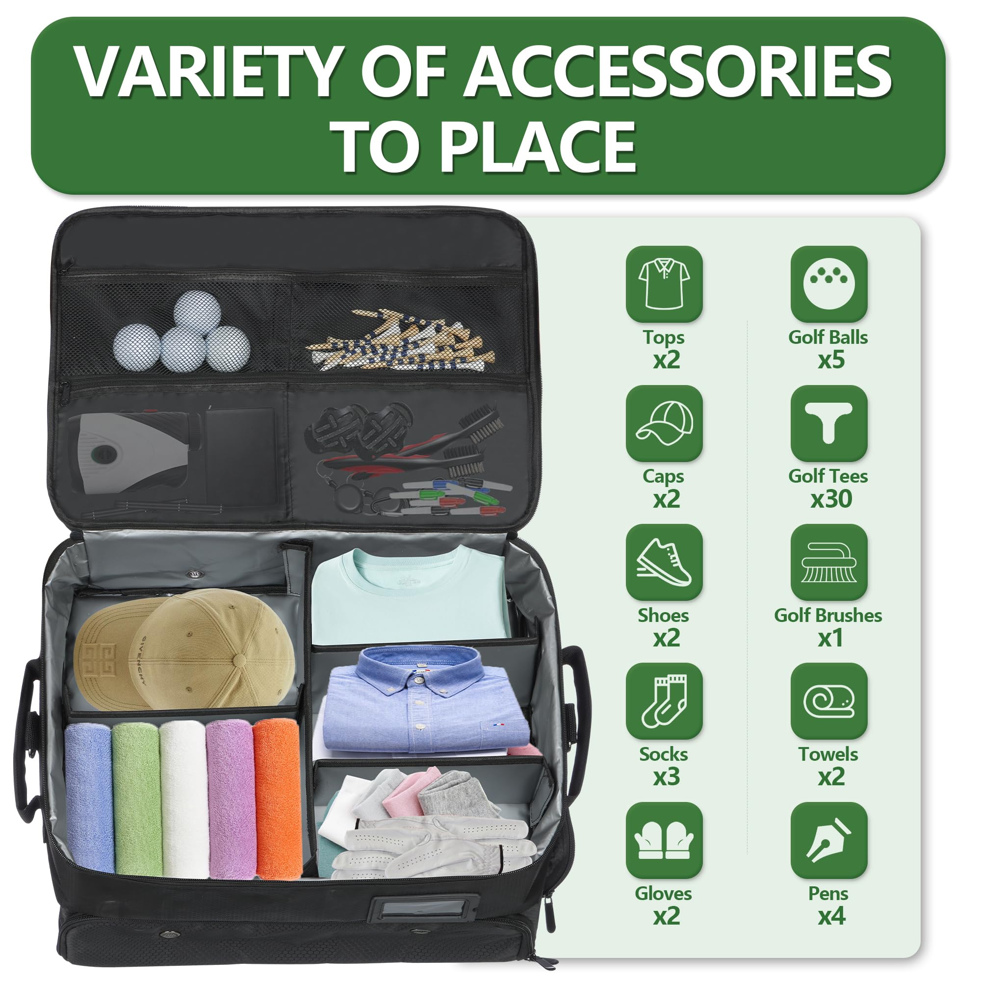 1GoTo-G 3 Layer Golf Trunk Organizer for 2 Pair Size 13 Shoes, Large Capacity, Gifts for Men with Waterproof Separate Ventilated Storage for Accessories, Balls, Tees, Clothes, Gloves (Black)