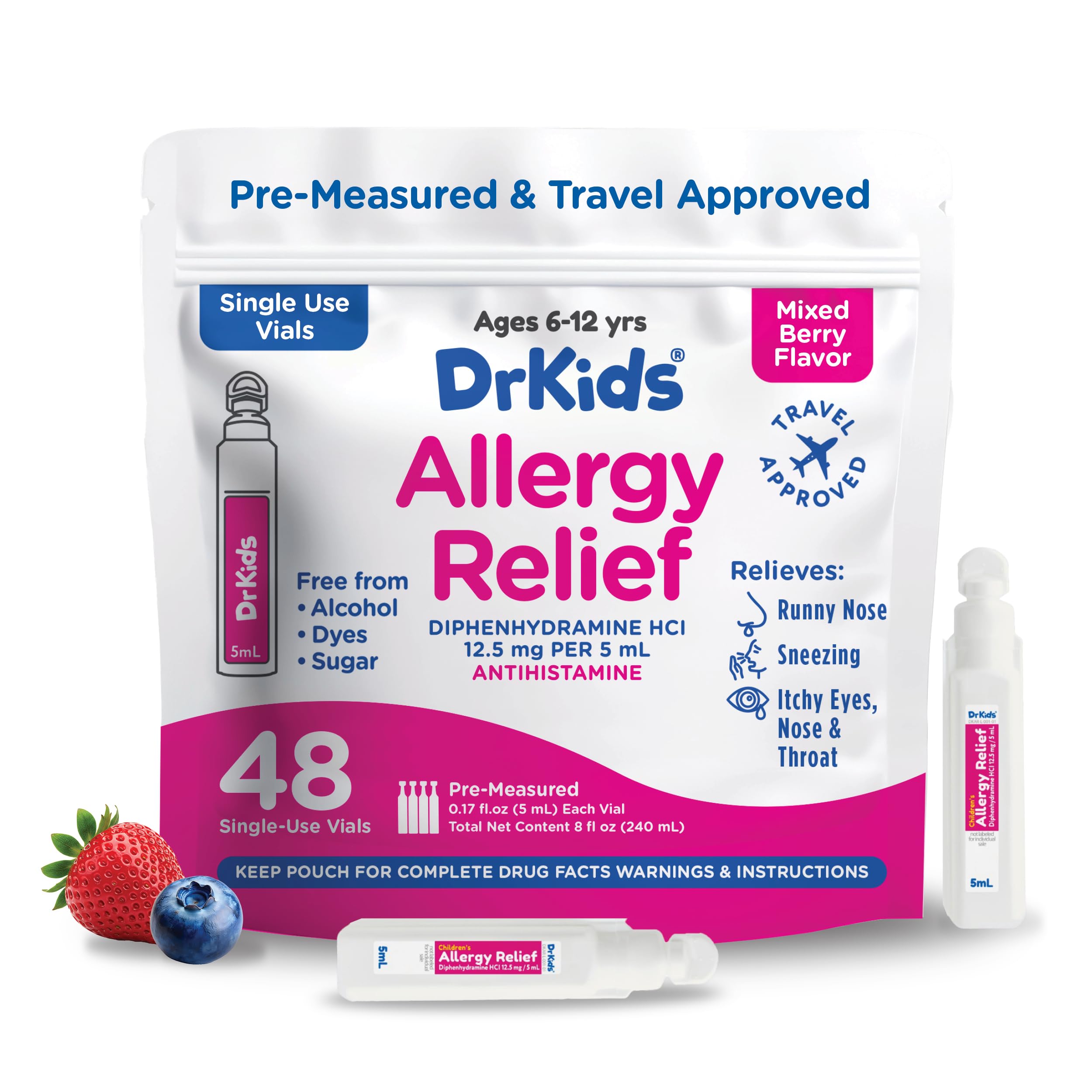 Dr. Kids Children's Allergy Relief Medicine, Mixed Berry Flavor, 48 Count