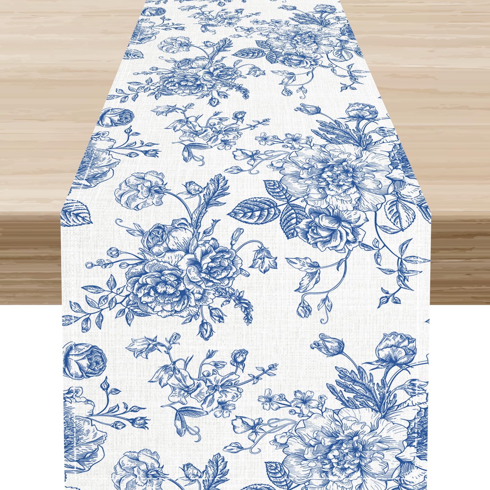 Wildflower Table Runner, Blue Sketch Floral Spring Summer Seasonal Flower Boho Farmhouse Home Kitchen Dining Table Decoration 13"x36"