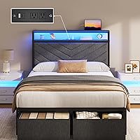 Fluest Twin Bed Frame with 2 Storage Drawers, Upholstered Headboard, USB Charging Station & LED Lights, Grey - No Box Spring, Easy Assembly