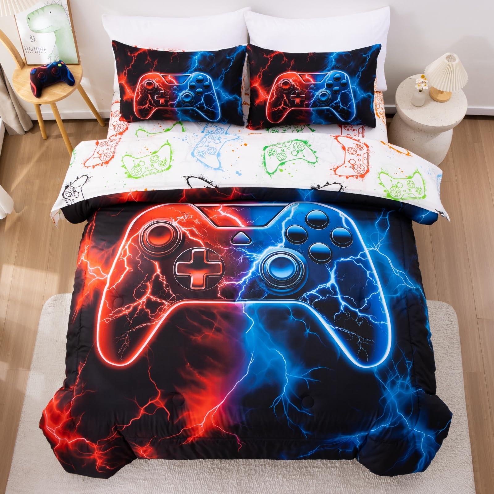 Meeting Story Full Size Bed in A Bag 5 Pieces Gaming Bedding Set for Boys RedBlue Gamer Comforter with Sheet Set for Kids Teen Cool Video Game Black Quilt Bedding Set(RedBlue)