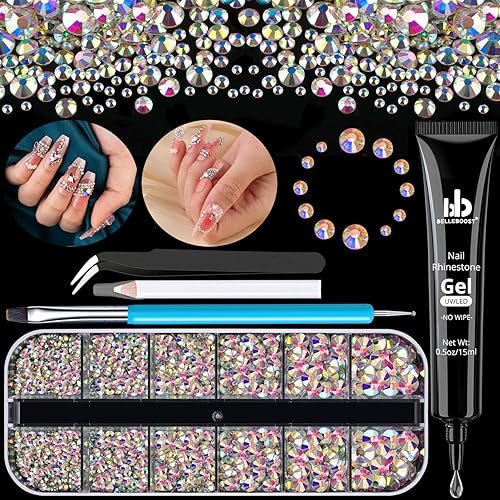 Diamantes de imitación para uñas, kit de manicura con gel de pegamento de diamantes de imitación, piedras preciosas AB de cristal con parte trasera