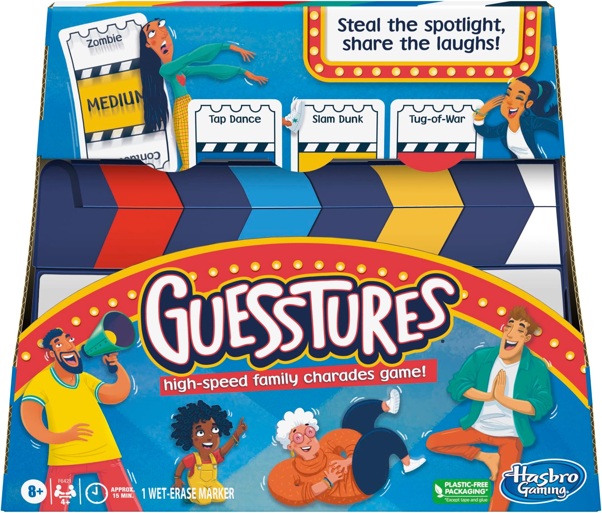 Guesstures Game, Charades Game for 4 or More Players, Includes Customizable Cards and Clapper, Family Party Game for Ages 8 and Up