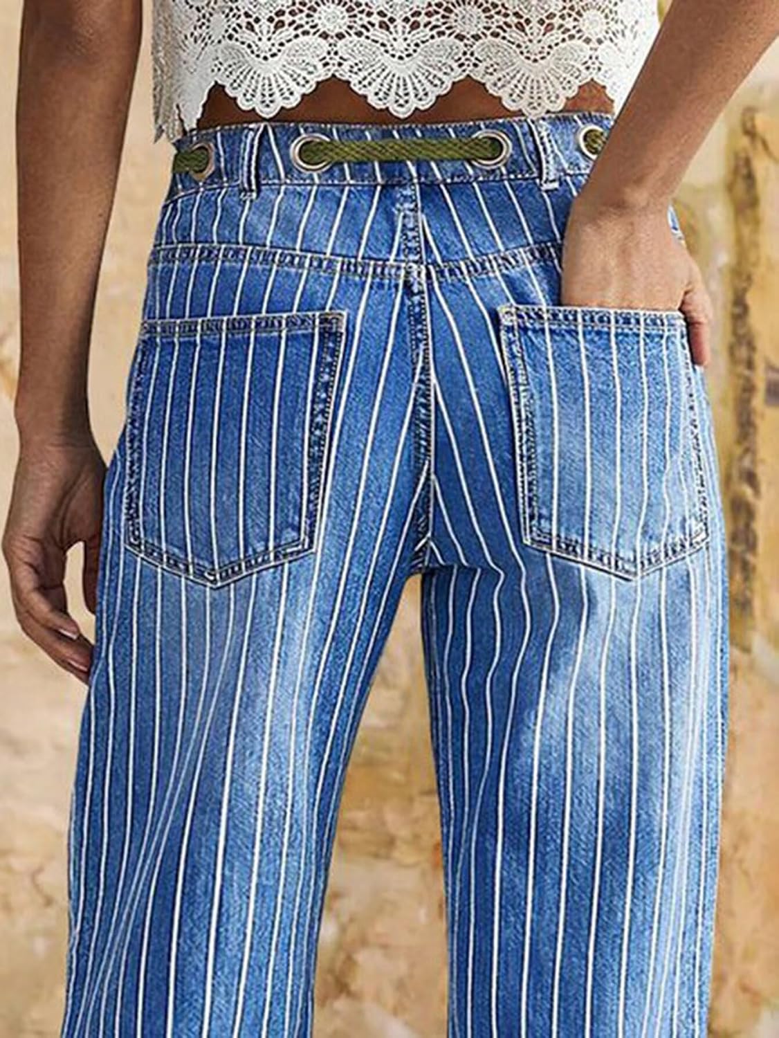 Flamingals High Waist Barrel Leg Jeans for Women Pinstripe Drawstring Casual Stretchy Denim Pants with Patched Pocket
