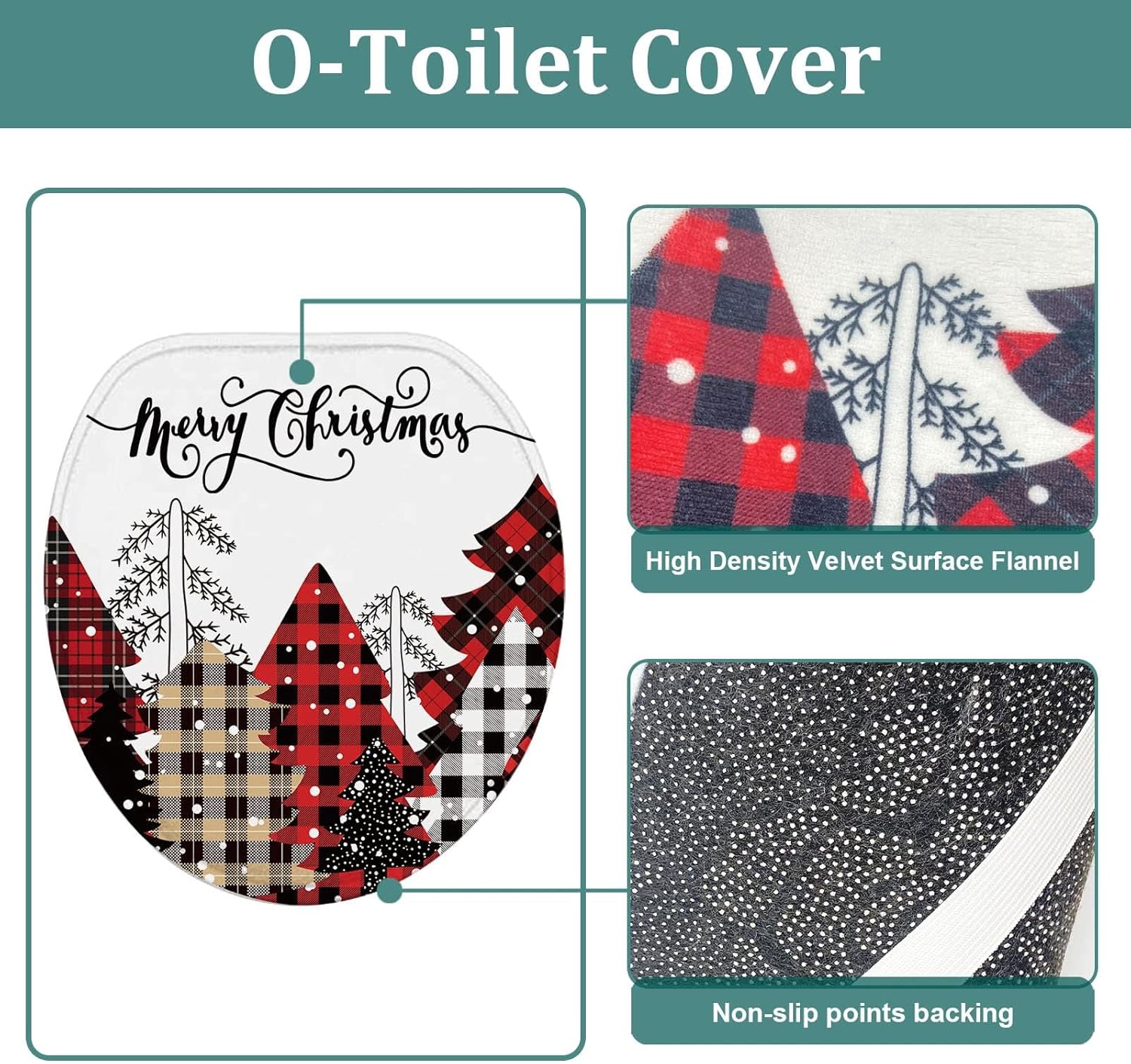 Baccessor 4 Pcs Merry Christmas 72x72 Inch Shower Curtain Set, Buffalo Plaid Tree Shower Curtain with Hooks, Non-Slip Rug, Bath Mat and Toilet Lid Cover, Winter Xmas Holiday New Year Bathroom Decor