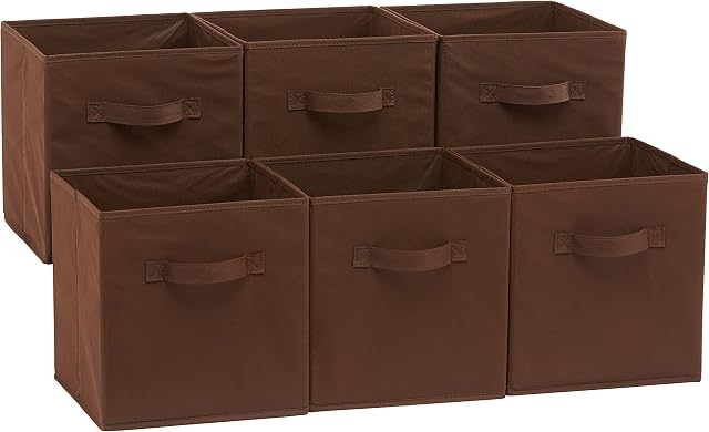 Amazon Basics Collapsible Fabric Storage Cube/Organiser with Handles, 26.6 x 26.6 x 27.9, Brown (Pack of 6)
