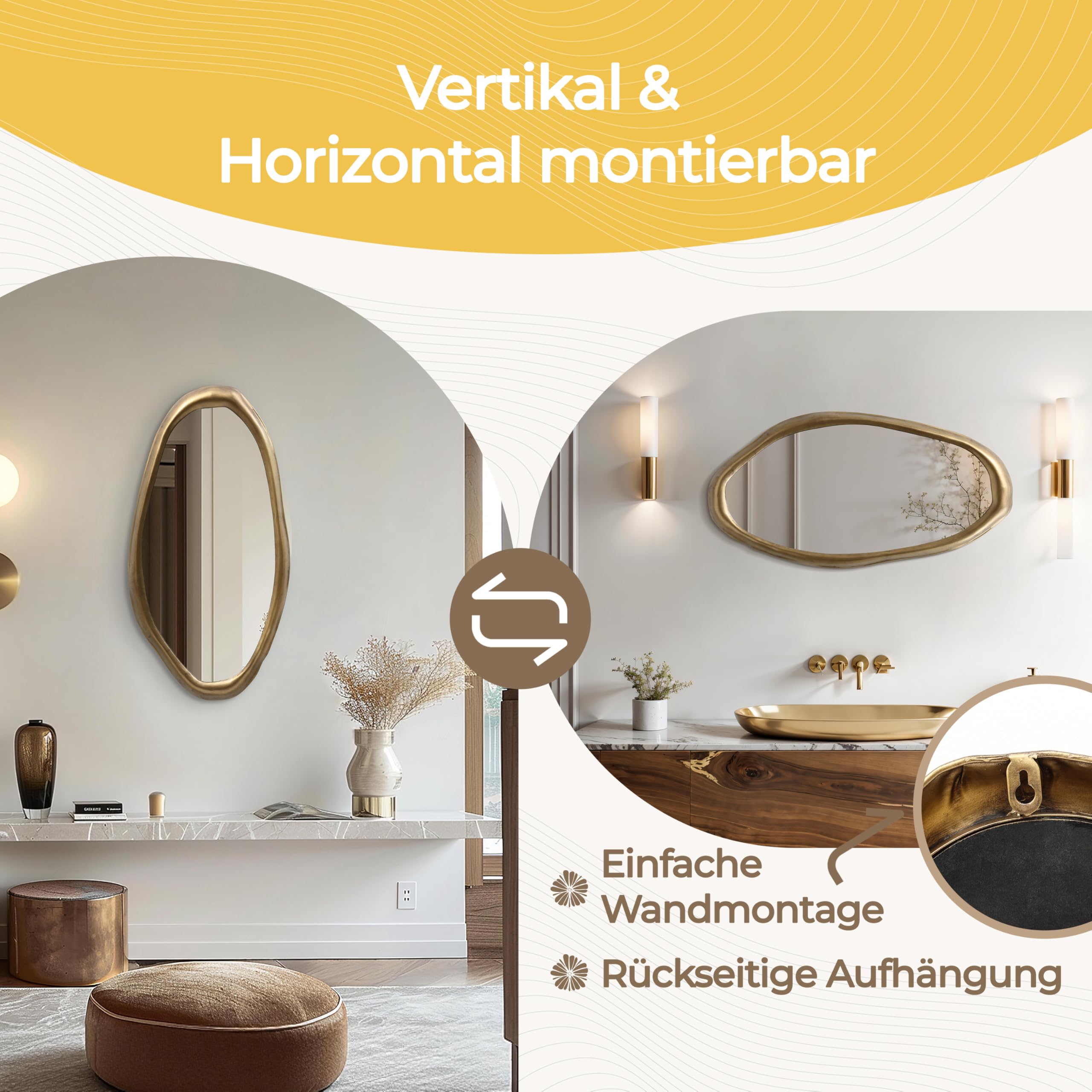 Hometopia Spiegel Asymmetrisch Gold 75x40 cm Dekorative Wandspiegel | Modern HD Spiegelglas Badspiegel mit Metallrahmen, Unregelmäßiger Spiegel für Flur Bad Badezimmer Schlafzimmer Wohnzimmer