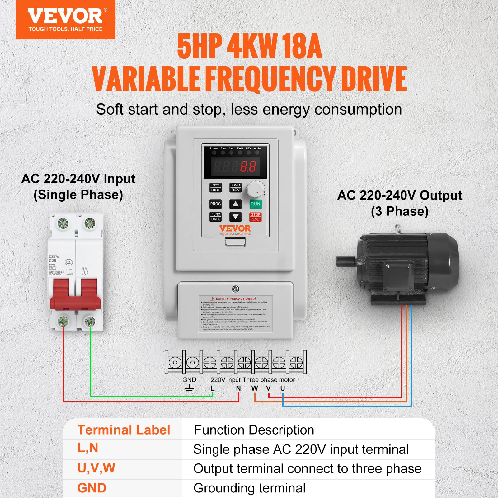 VEVOR Inverter Azionamento a Frequenza Variabile 4kW 5CV 18A 0-400Hz VFD Ingresso Monofase Uscita Trifase