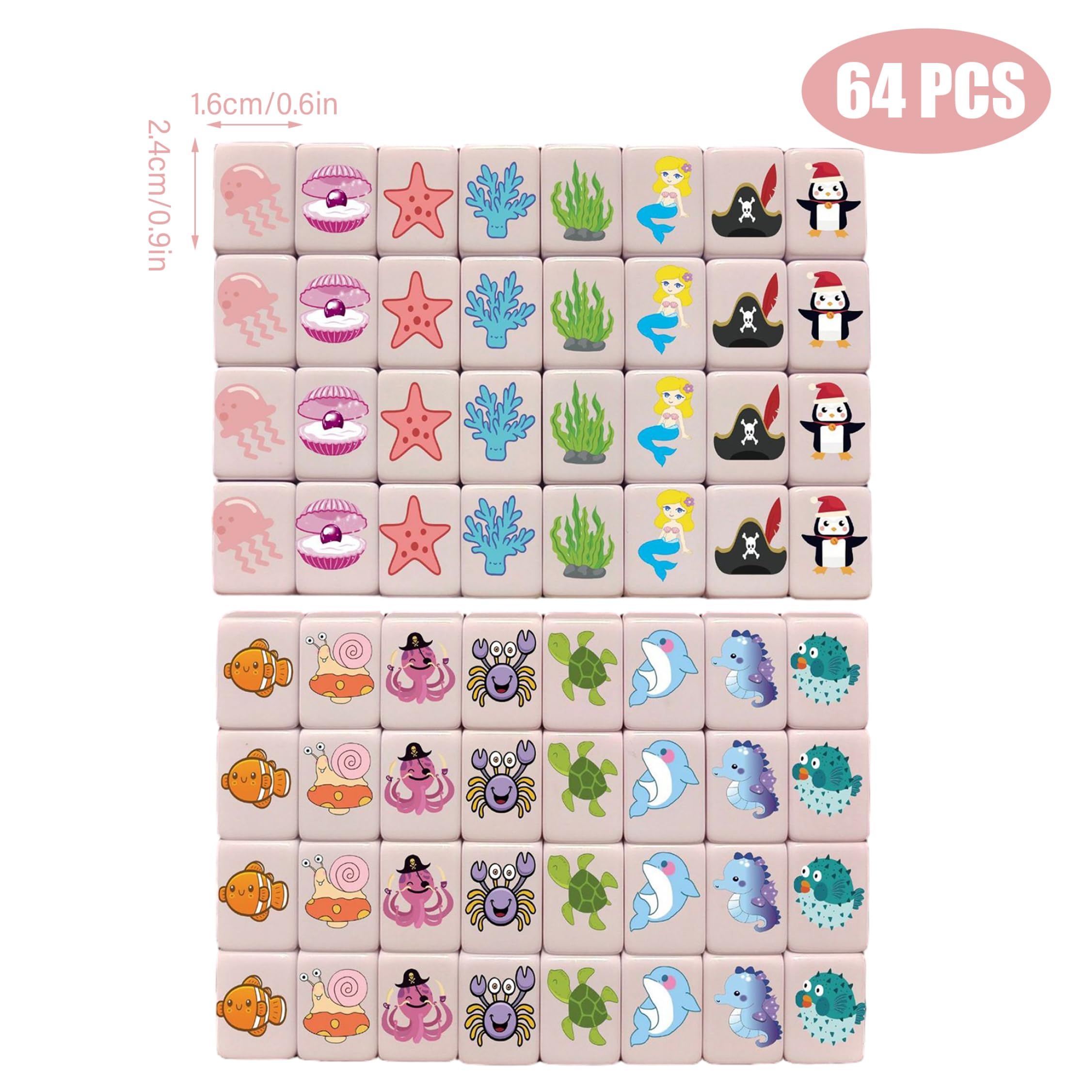 Mahjong, set da gioco Mahjong per bambini con graziose tessere con creature dell'oceano, mini tessere da 24 mm per viaggi e divertimento in famiglia