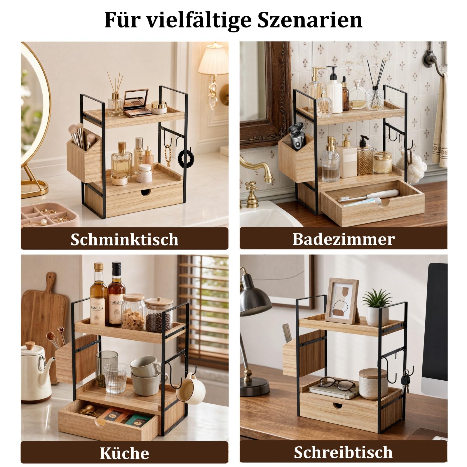 Organizer da bagno con cassetto e cesto, scaffale da bagno a 2 livelli in legno per lavabo, toeletta e cucina, scaffale da tavolo impermeabile con ganci, stabile struttura in metallo, 33 x 17