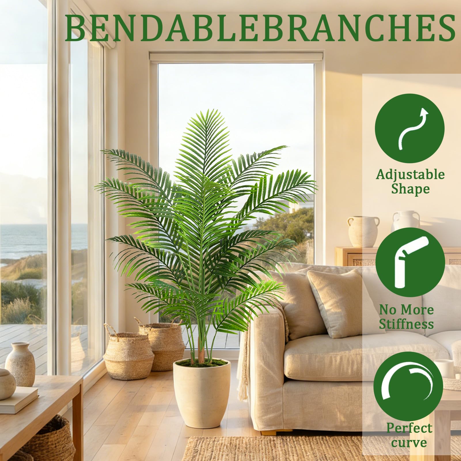 Künstliche Palme Pflanze 180 cm, Kunstpflanzen Groß mit Weißer Topf | 18 Blätter Fake Areca Palme Pflanzen, Fake Plant Kunstpflanze für Zimmer Wohnzimmer Schlafzimmer Büro Balkon Garten Deko