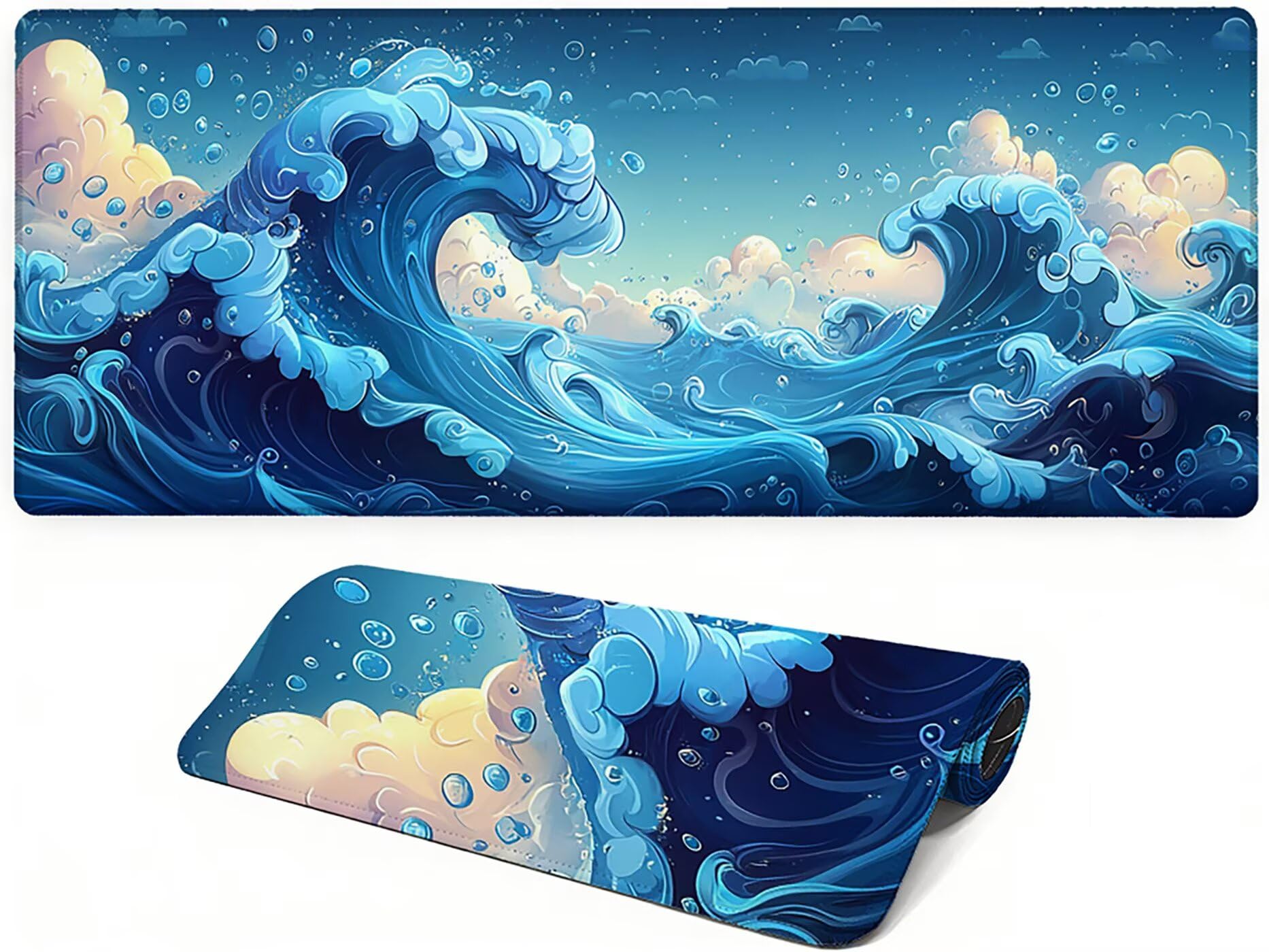 Lpfieonn Wellen Großes Schreibtischunterlage, XXL Schreibtischunterlagen, Landschaft XXL Wasserdicht Gaming Mousepad mit Vernähter Rand und Rutschfeste Gummibasis, für Hause/Büro 120x60cm PF-2649