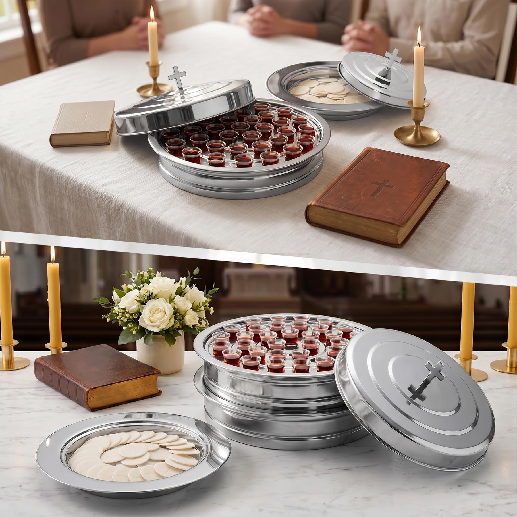 Kommunion-Set mit Deckeln – Edelstahl, 40er Tablett, 100 Becher,Silbern