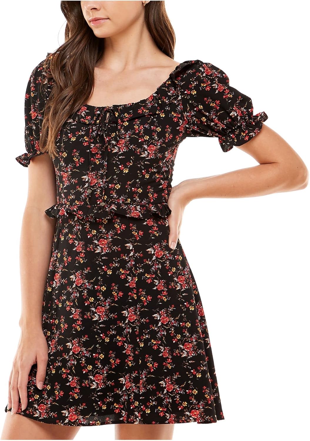 Womens Black Tie Cut Out Floral Pouf Sleeve Scoop Neck Short Party Shift Dress M - Image 3