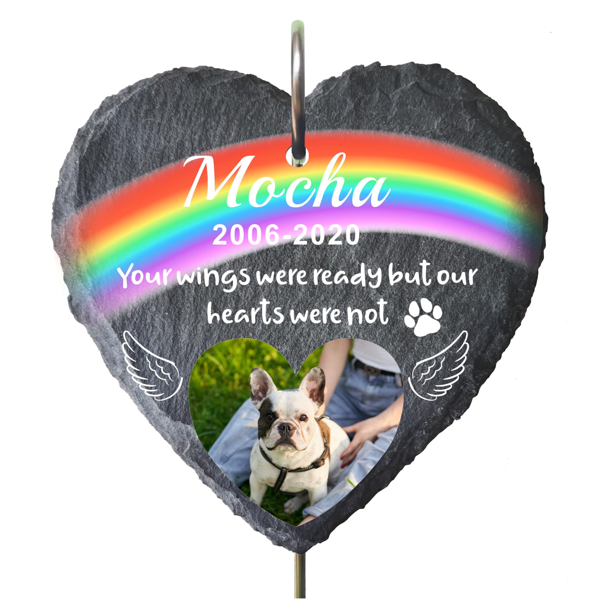 Personalised Pet Memorial Plaques with Hook Stake, Custom Dog Memorial Gifts with Photo, Pets Memorial Stand Grave Stone for Garden Outdoor, Pet Bereavement Sympathy Gifts (Heart Shape-L, Design 4)