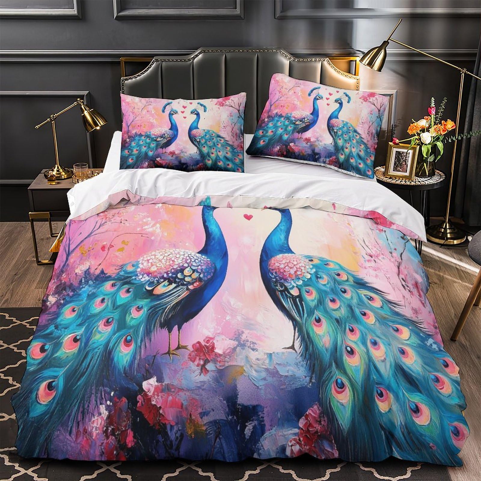 Parure de lit couple de paons 3D en microfibre premium chic single