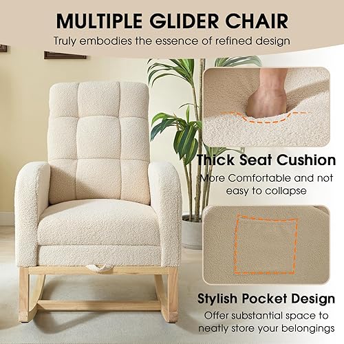 Miniatura 6 de NIOIIKIT Mecedora moderna para guardería, mecedora tapizada de peluche con reposapiés, cómoda reclinable con bolsillo lateral, deslizador mecedora